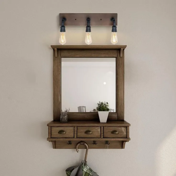 LNC Wayner 3-Light Black Farmhouse Bath Vanity Light Water Pipe Wall Sconce with Painted Chesnut Wood Accent LED Compatible, photo 7 of 11