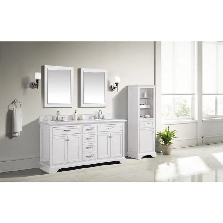 Windlowe 73 in. W x 22 in. D x 35 in. H Bath Vanity in White with Carrara Marble Vanity Top in White with White Sink, photo 3 of 10