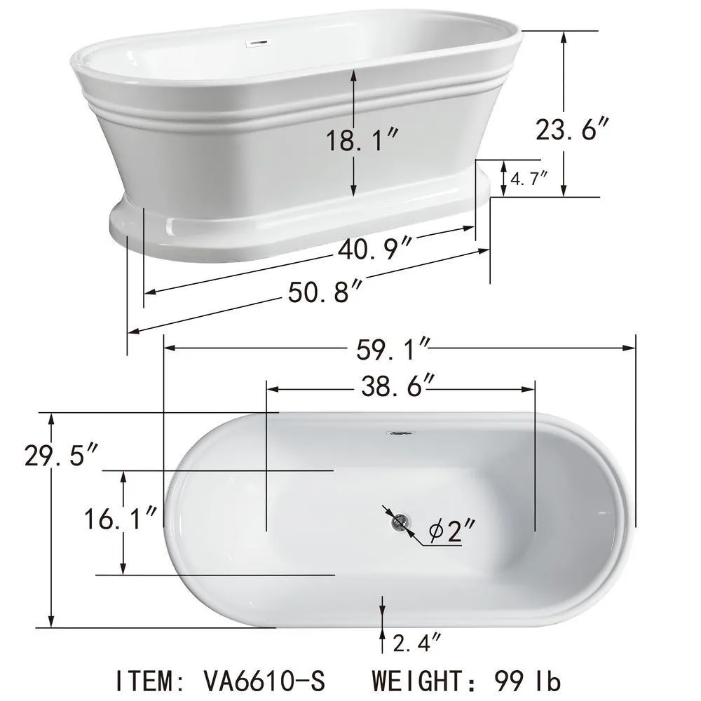 Versailles 59 in. Acrylic Flatbottom Freestanding Bathtub in White, photo 6 of 9