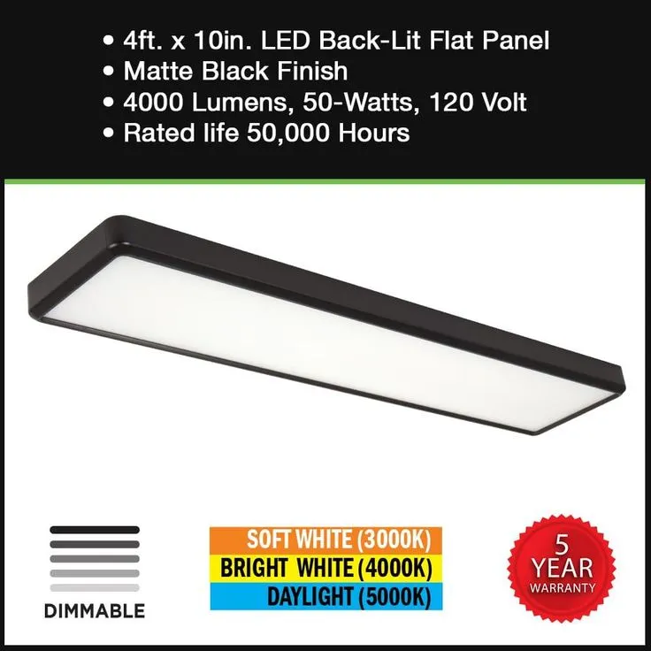 Commercial Electric 4 ft. x 10 in. Deco Matte Black Back-Lit Flat Panel LED Flush Mount 4000 Lumens 3000K 4000K 5000K Dimmable, photo 7 of 10