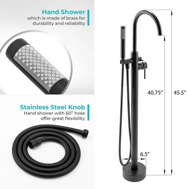 1-Handle Freestanding Floor Mount Tub Faucet Bathtub Filler with Hand Shower in Matte Black, photo 2 of 8