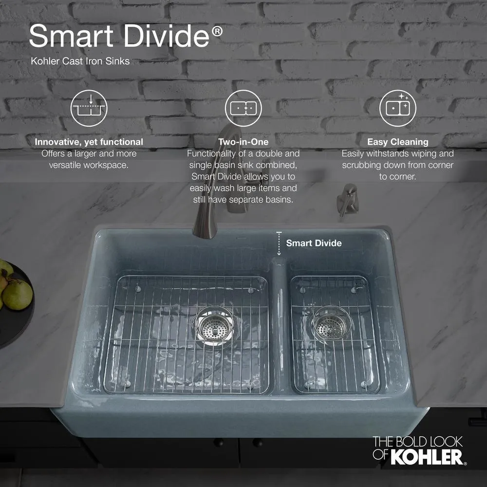 Whitehaven Farmhouse Undermount Apron Front Cast Iron 36 in. Double Bowl with Smart Divide Kitchen Sink in White, photo 7 of 11