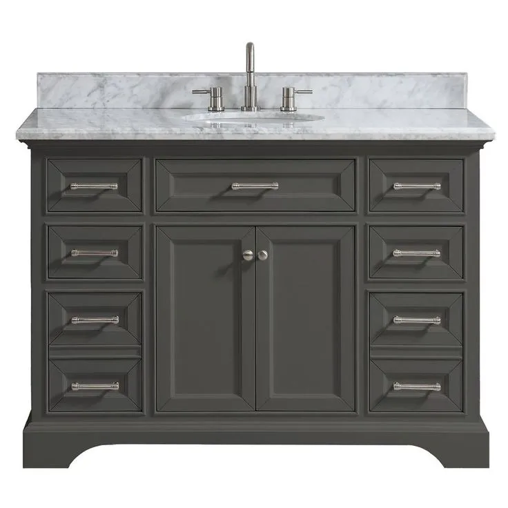 Windlowe 49 in. W x 22 in. D x 35 in. H Bath Vanity in Navy Blue with Carrara Marble Vanity Top in White with White Sink, photo 11 of 17