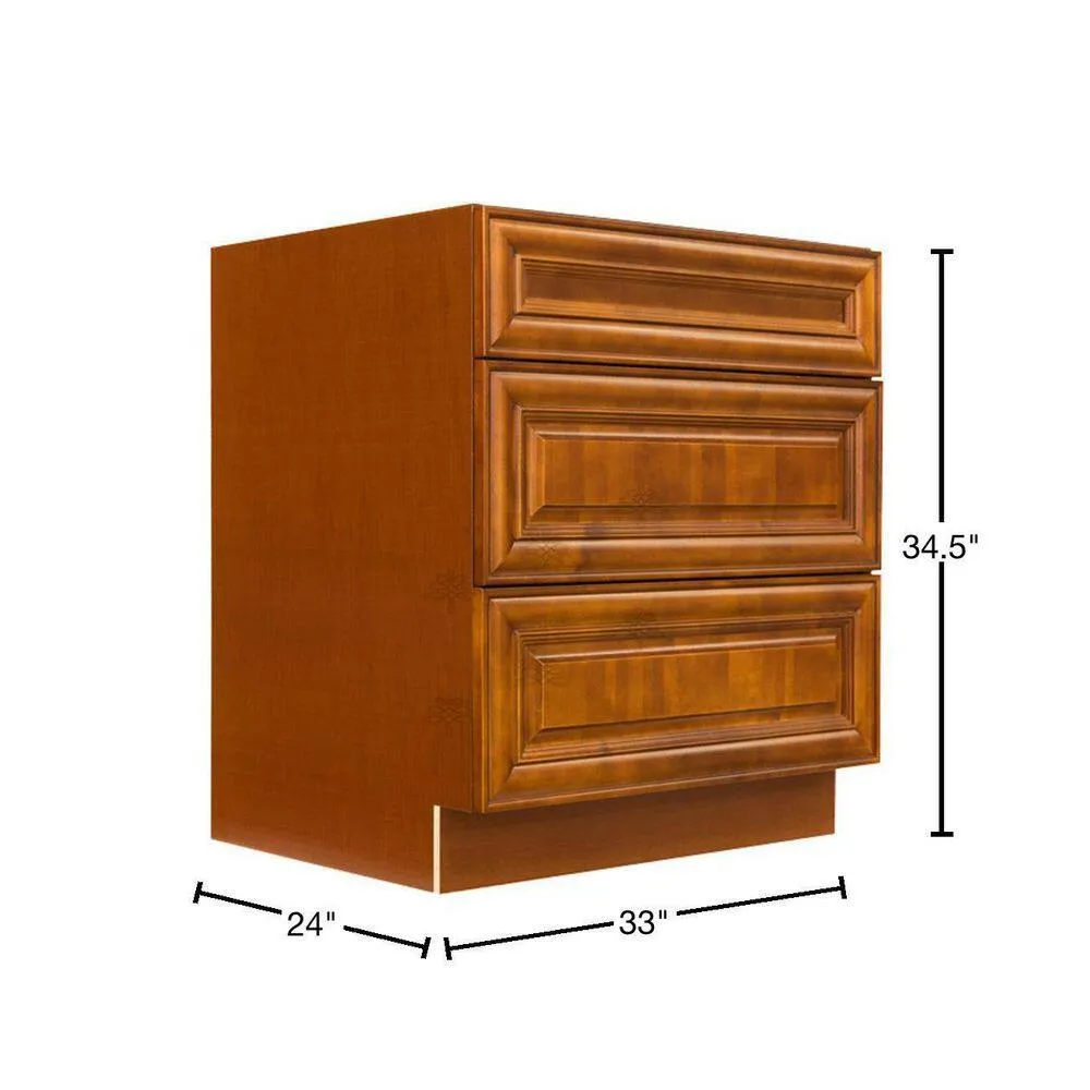 LIFEART CABINETRY Cambridge Assembled 33x34.5x24 in. Base Cabinet with 3 Drawers in Chestnut, photo 2 of 8