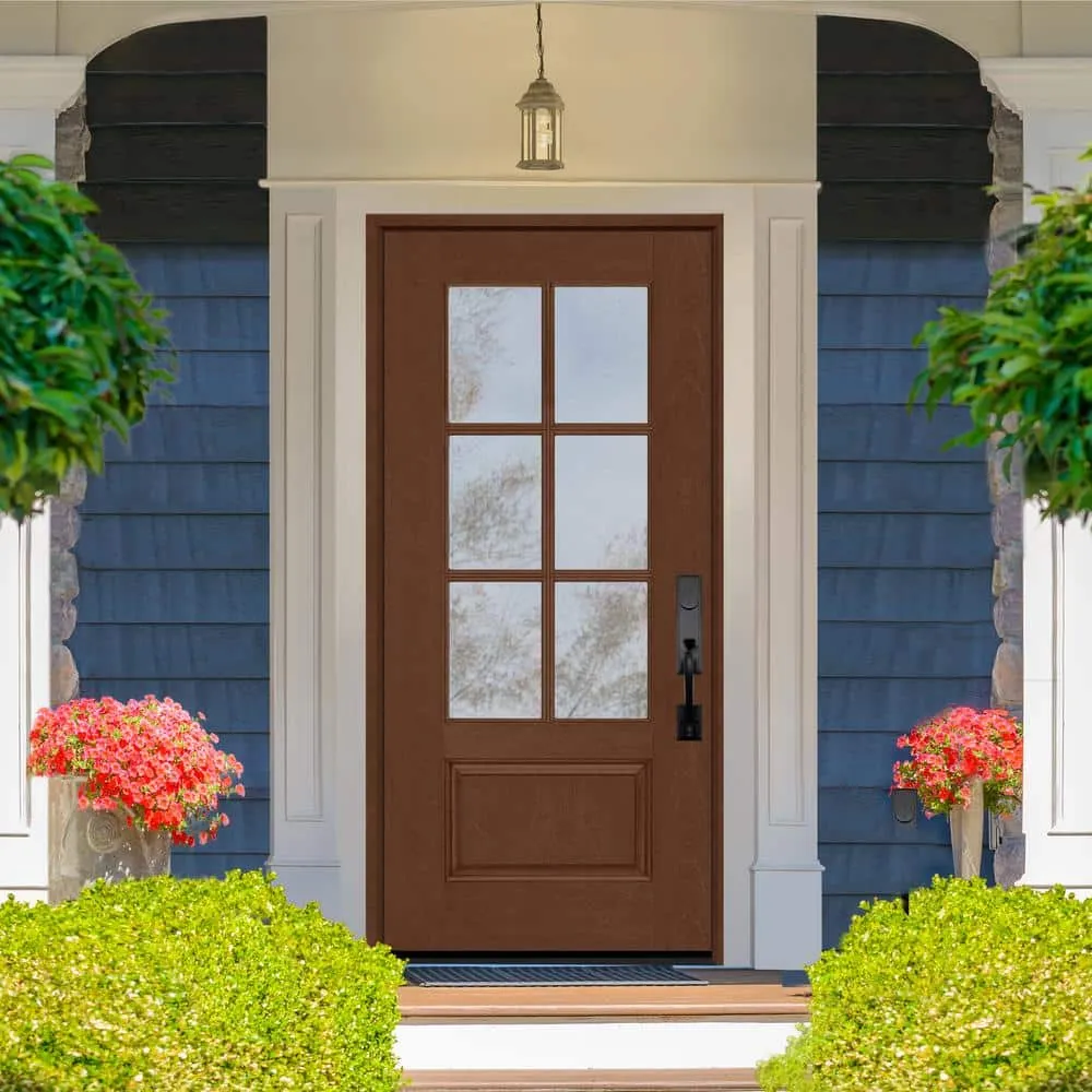 Steves & Sons Regency 36 in. x 80 in. 3/4-6-Lite Clear Glass LHIS Chestnut Stain Mahogany Fiberglass Prehung Front Door, photo 2 of 8