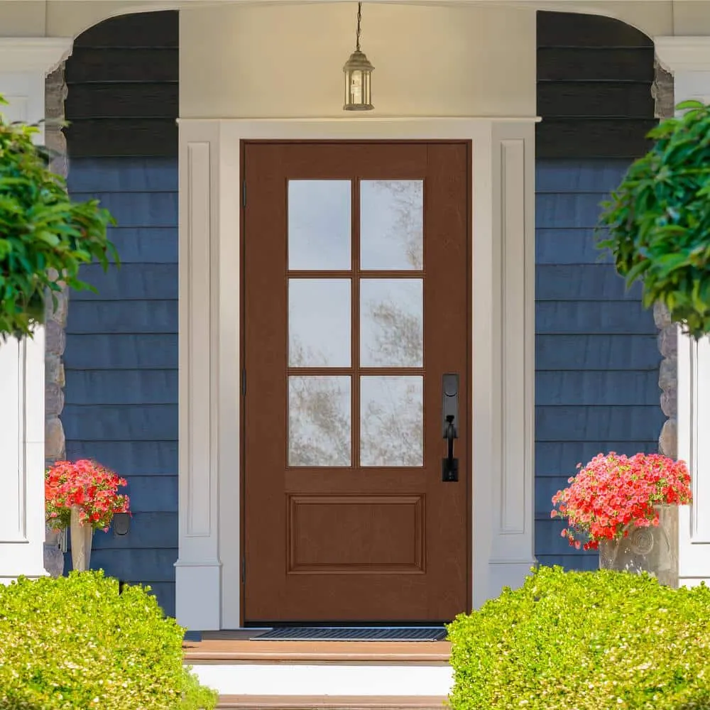 Steves & Sons Regency 36 in. x 80 in. 3/4-6-Lite Clear Glass RHOS Chestnut Stain Mahogany Fiberglass Prehung Front Door, photo 2 of 8