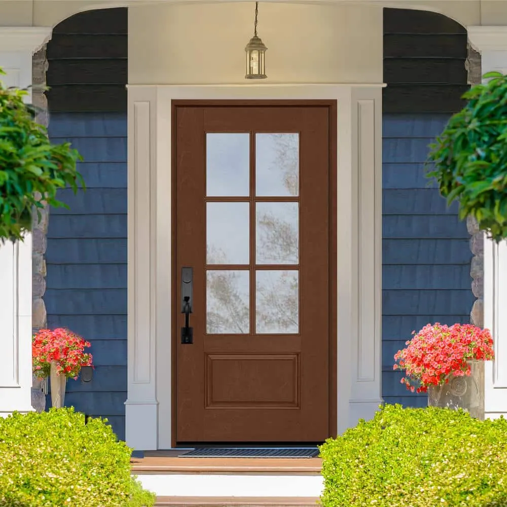 Steves & Sons Regency 36 in. x 80 in. 3/4-6 Lite Clear Glass RHIS Chestnut Stain Mahogany Fiberglass Prehung Front Door, photo 2 of 8