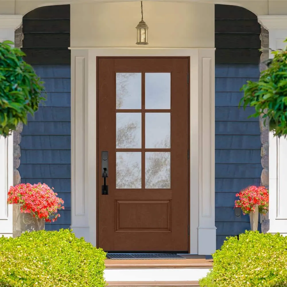 Steves & Sons Regency 36 in. x 80 in. 3/4 6-Lite Clear Glass LHOS Chestnut Stain Mahogany Fiberglass Prehung Front Door, photo 2 of 8
