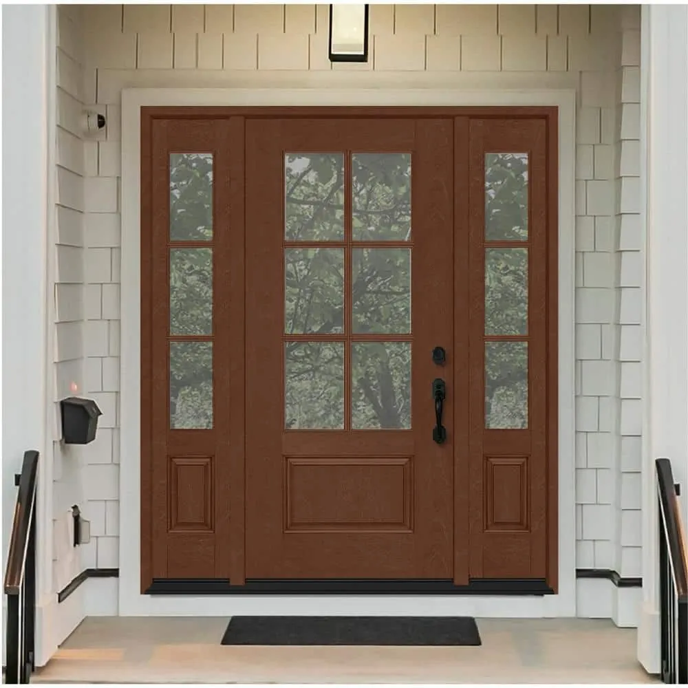 Steves & Sons Regency 64 in. x 80 in. 3/4-6 Lite Clear Glass Left-Hand Inswing Chestnut Stain Mahogany-Style Fiberglass Prehung Front Door with Double 12 in. Sidelites, photo 2 of 8