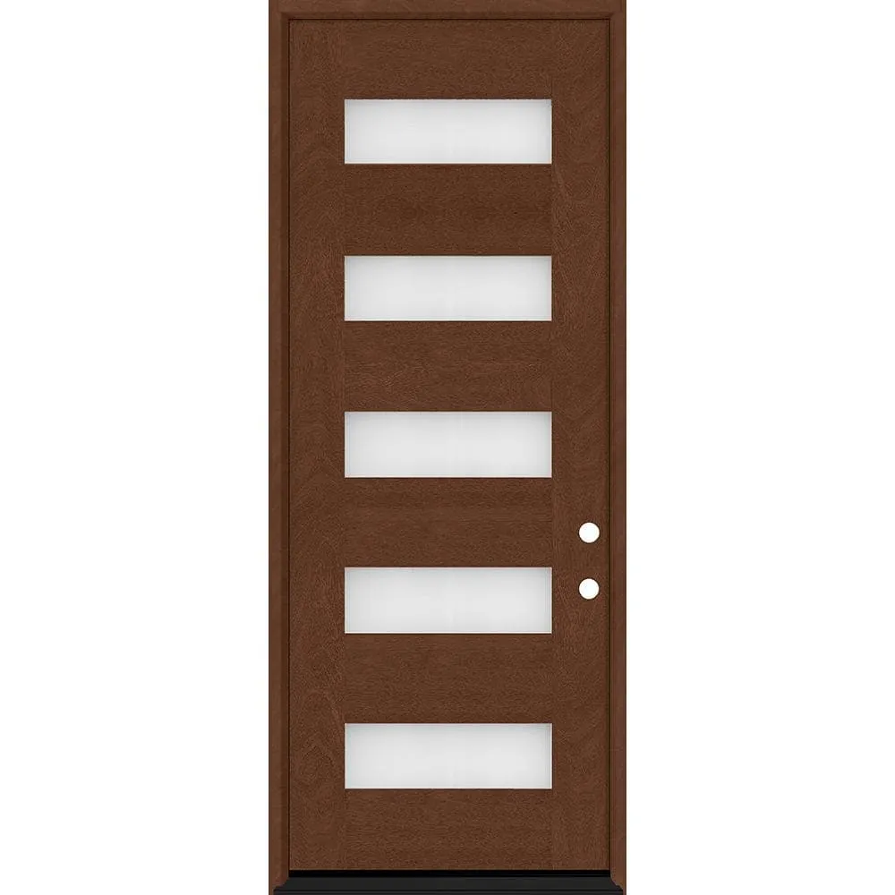 Steves & Sons Regency 36 in. x 96 in. 5L Modern Frosted Glass LHIS Chestnut-Stained Fiberglass Prehung Front Door, photo 2 of 4