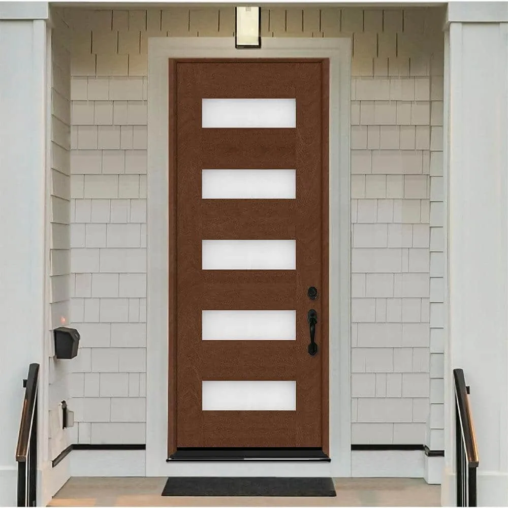 Steves & Sons Regency 36 in. x 96 in. 5L Modern Frosted Glass LHIS Chestnut-Stained Fiberglass Prehung Front Door, photo 3 of 4