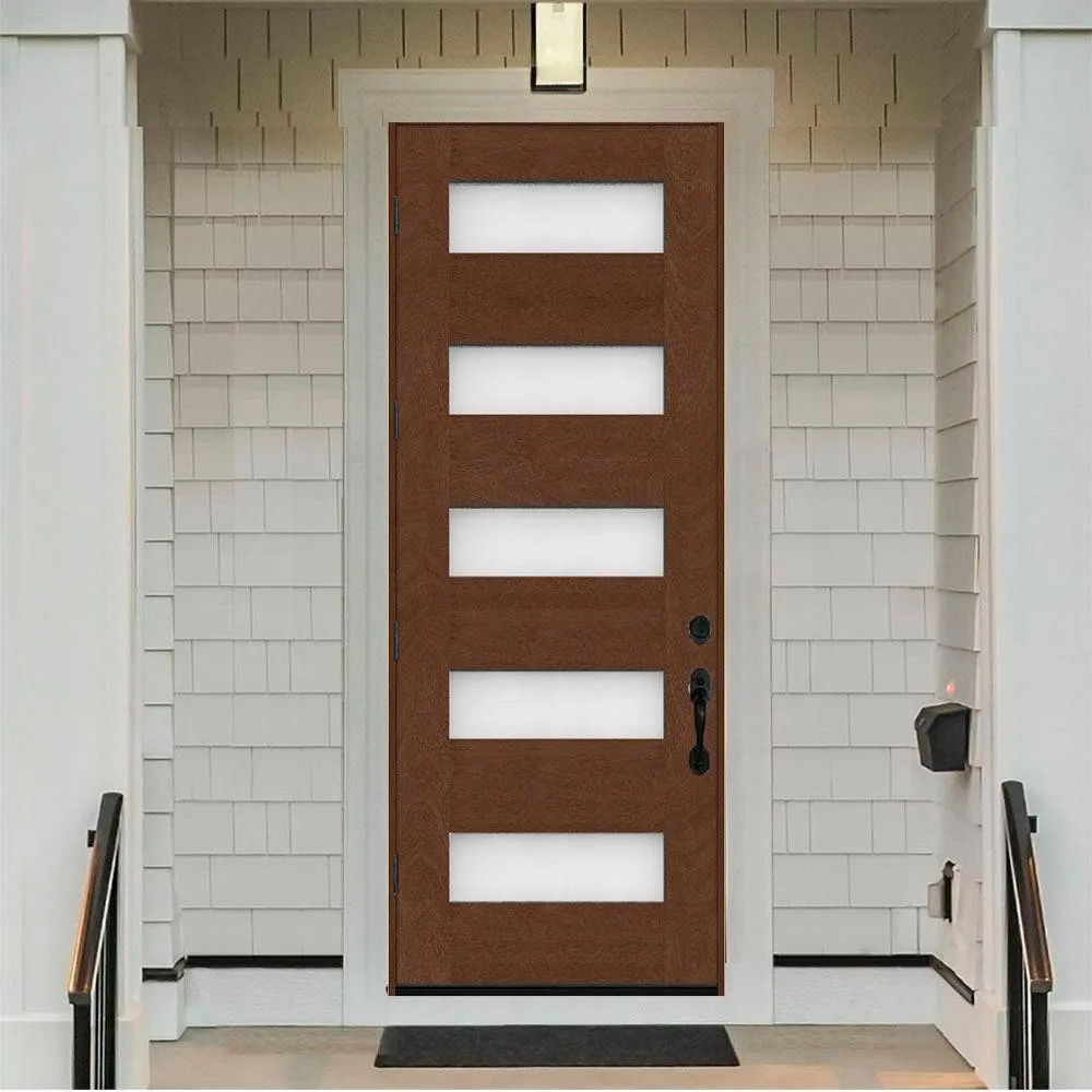 Steves & Sons Regency 36 in. x 96 in. 5-Lite Modern Frosted Glass RHIS Chestnut Stained Fiberglass Prehung Front Door, photo 2 of 3