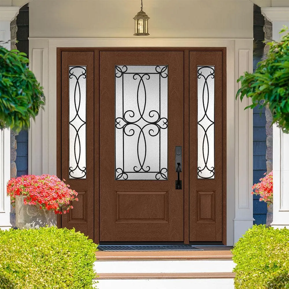 Steves & Sons Regency 64 in. x 80 in. 3/4 Lite Georgian Decorative Glass LH Inswing Chestnut Mahogany Fiberglass Prehung Front Door with 12 in. Sidelites, photo 2 of 5