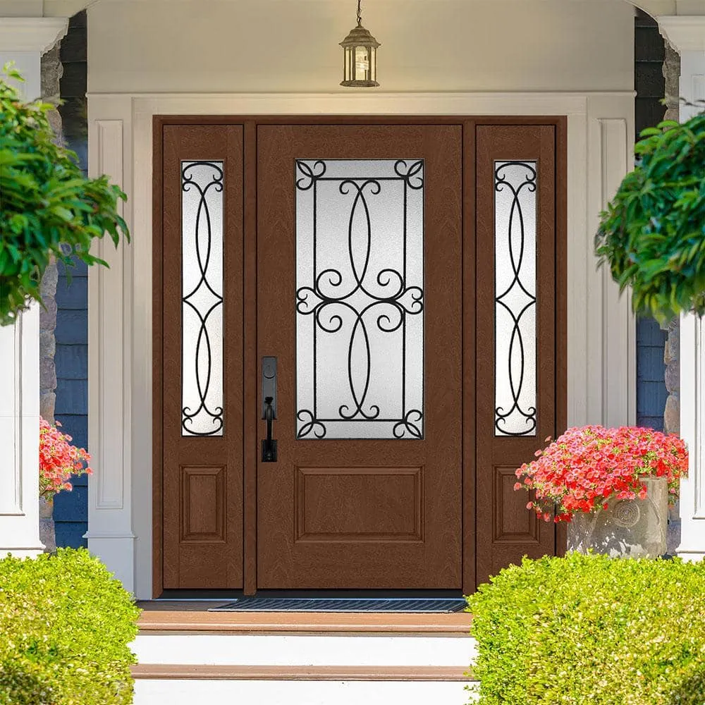 Steves & Sons Regency 64 in. x 80 in. 3/4 Lite Georgian Decorative Glass RHIS Chestnut Mahogany Fiberglass Prehung Front Door with 12 in. Sidelites, photo 2 of 5