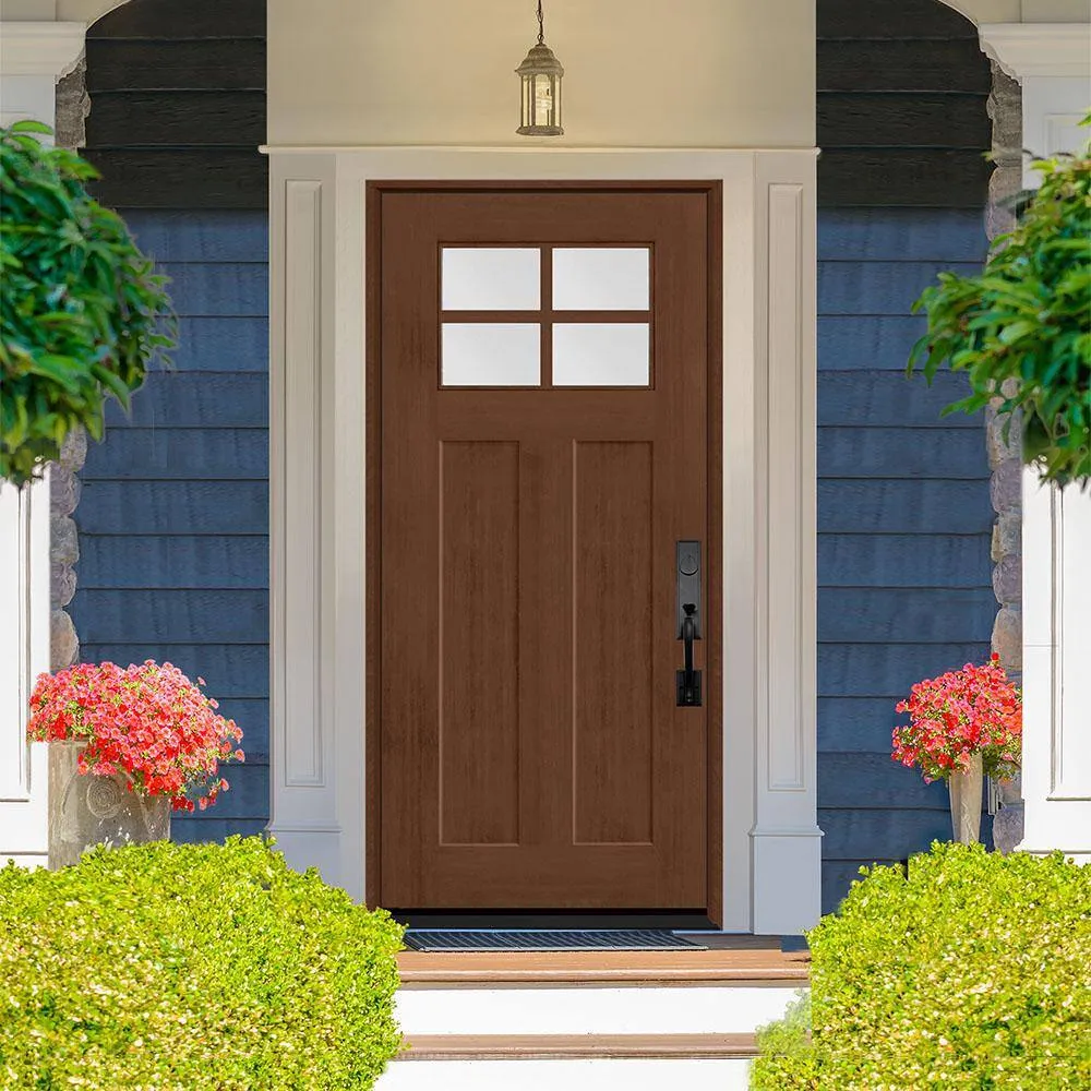 Steves & Sons Regency 36 in. x 80 in. RHOS 4 Lite 1/4 Toplite Clear Glass Chestnut Stain Fir Grain Fiberglass Prehung Front Door, photo 2 of 5