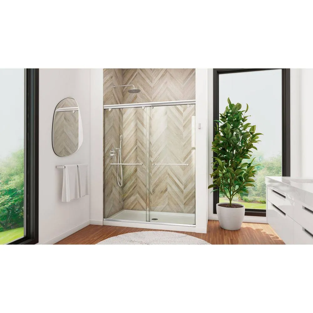 Charisma 36 in. x 60 in. x 78.75 in. Semi-Frameless Sliding Shower Door in Chrome with Center Drain White Acrylic Base, photo 2 of 8