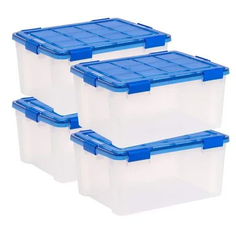15 Gal. Lockable Plastic Storage Tote in Clear with Sturdy Blue Lid and Buckles