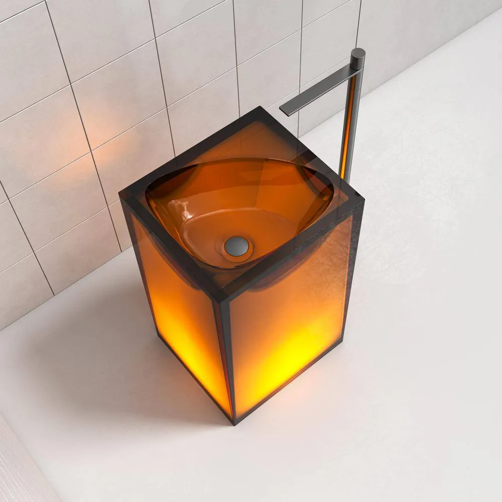 Vanity Art 20 in. L x 18 in. W x 33.5 in. H Stone Resin Transparent Freestanding Pedestal Sink Basin with Faucet Hole in Coffee, photo 7 of 8
