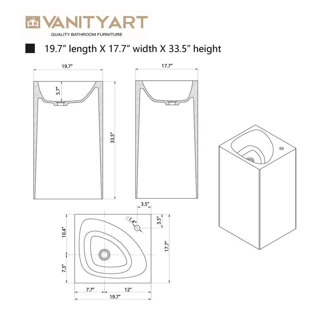 Vanity Art 20 in. L x 18 in. W x 33.5 in. H Stone Resin Transparent Freestanding Pedestal Sink Basin without Faucet Hole in Coffee, photo 8 of 8