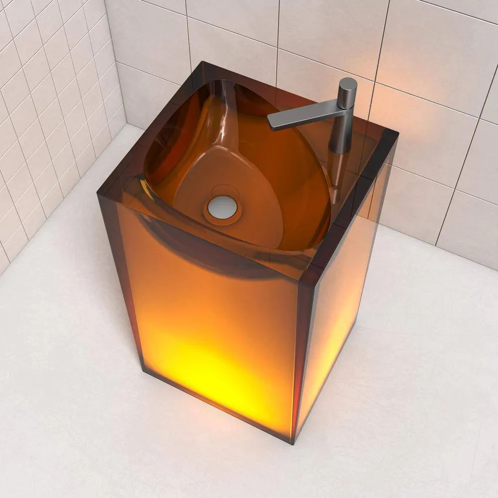 Vanity Art 20 in. L x 18 in. W x 33.5 in. H Stone Resin Transparent Freestanding Pedestal Sink Basin without Faucet Hole in Coffee, photo 4 of 8