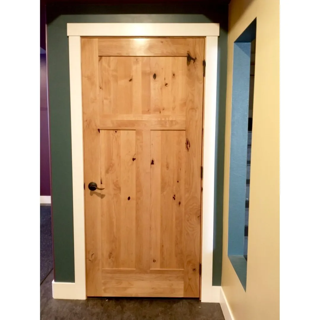 Krosswood Doors 30 in. x 80 in. Krosswood Craftsman 3-Panel Shaker Solid Wood Core Rustic Knotty Alder Interior Door Slab, in a room, photo 11 of 14