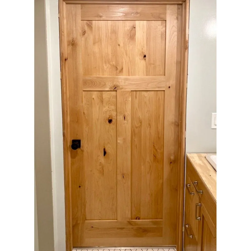 Krosswood Doors 30 in. x 80 in. Krosswood Craftsman 3-Panel Shaker Solid Wood Core Rustic Knotty Alder Interior Door Slab, in a room, photo 9 of 14