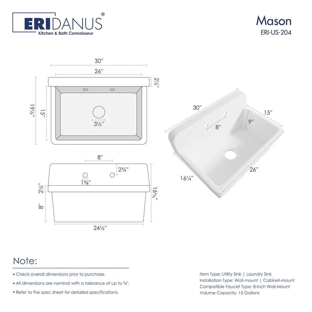 Eridanus Mason 15 Gal. Wall Mount Laundry Utility Sink - Crisp White, photo 9 of 10
