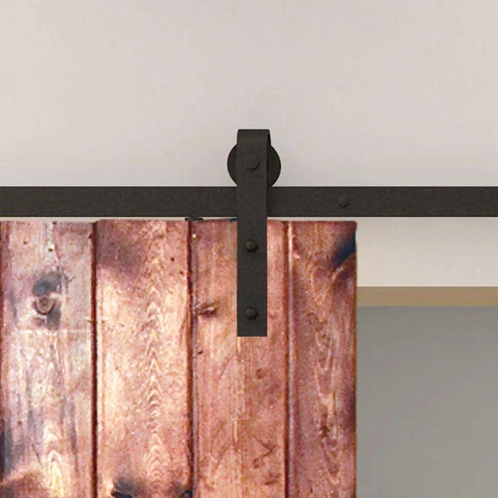 137.75 in. Black Solid Steel Barn Door Hardware Kit for Double Wood Doors with Adjustable Floor Guides (2-Piece Rails), photo 2 of 8