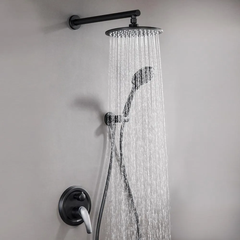 5-Spray Patterns with 2.66 GPM 9 in. Wall Mount Dual Shower Heads with Pressure Balance Round-In Valve in Matte Black, photo 2 of 12