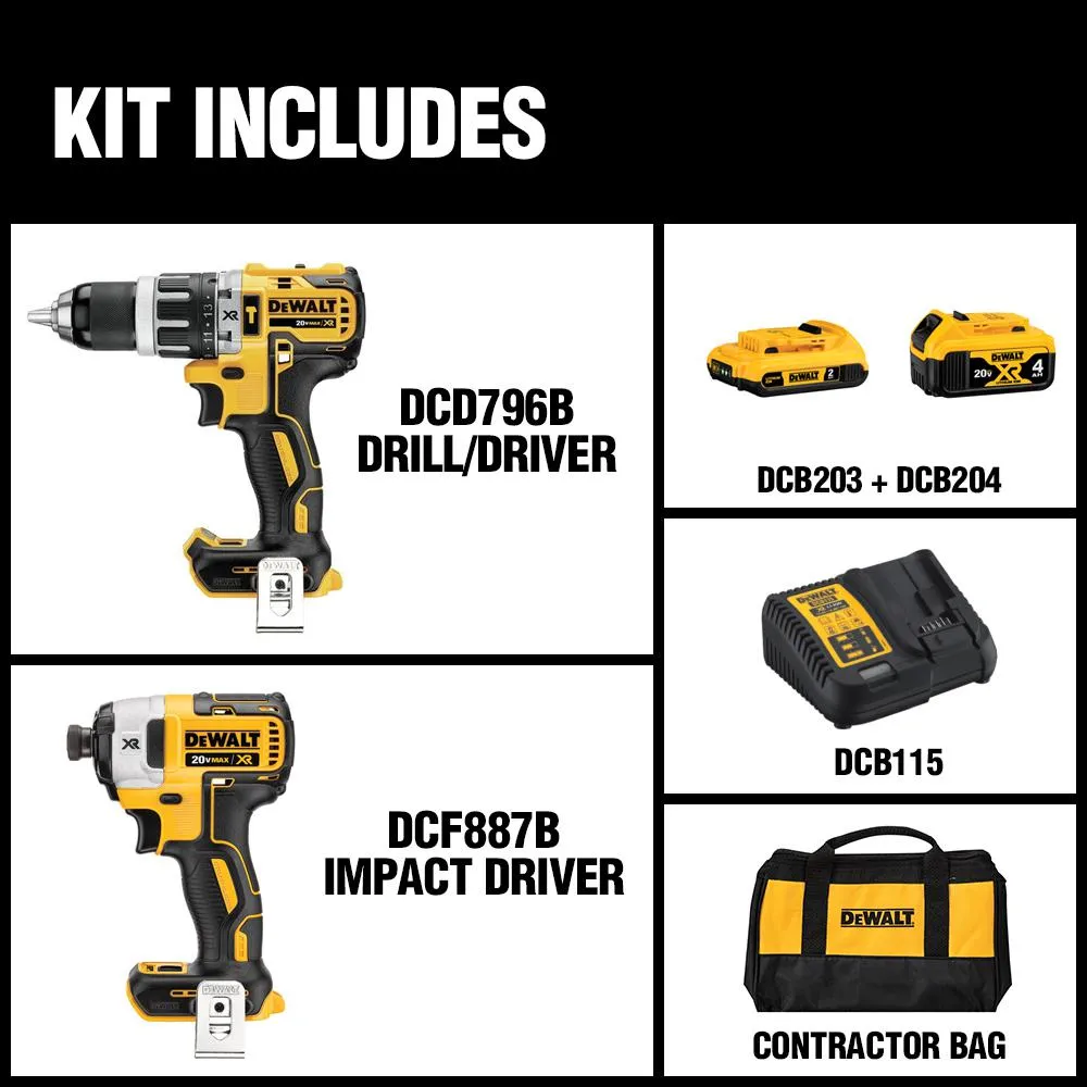 DEWALT 20-Volt MAX XR Cordless Brushless Hammer Drill/Impact Combo Kit (2-Tool) with (1) Battery 2Ah and (1) Battery 4Ah, photo 3 of 14