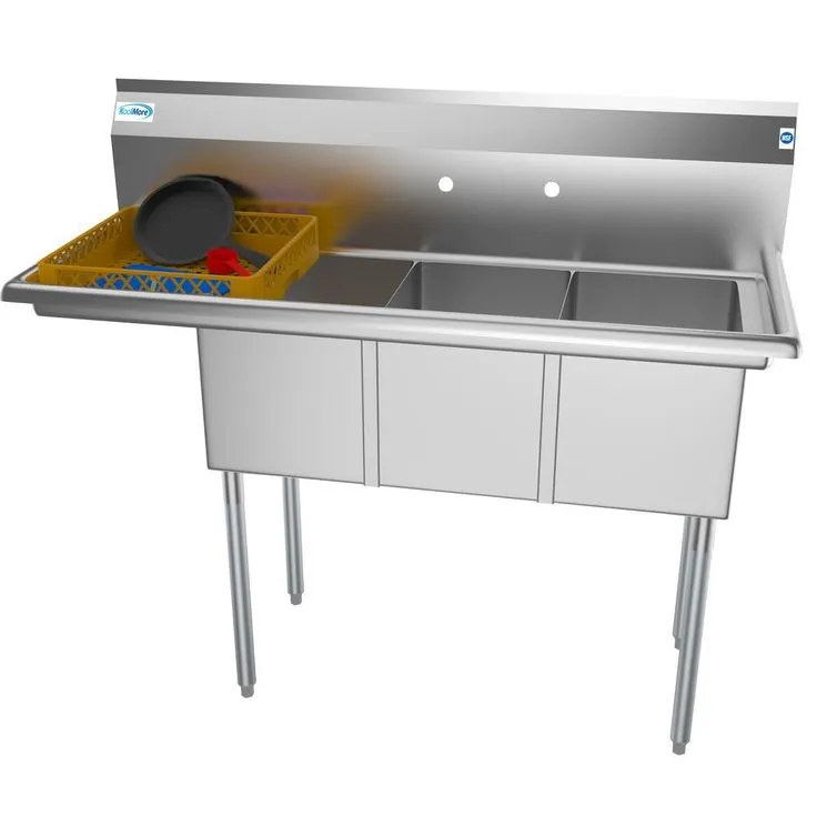 Freestanding Stainless Steel 51 in. 2-Hole Triple Bowl Commercial Kitchen Sink Left Drainboard, photo 8 of 9