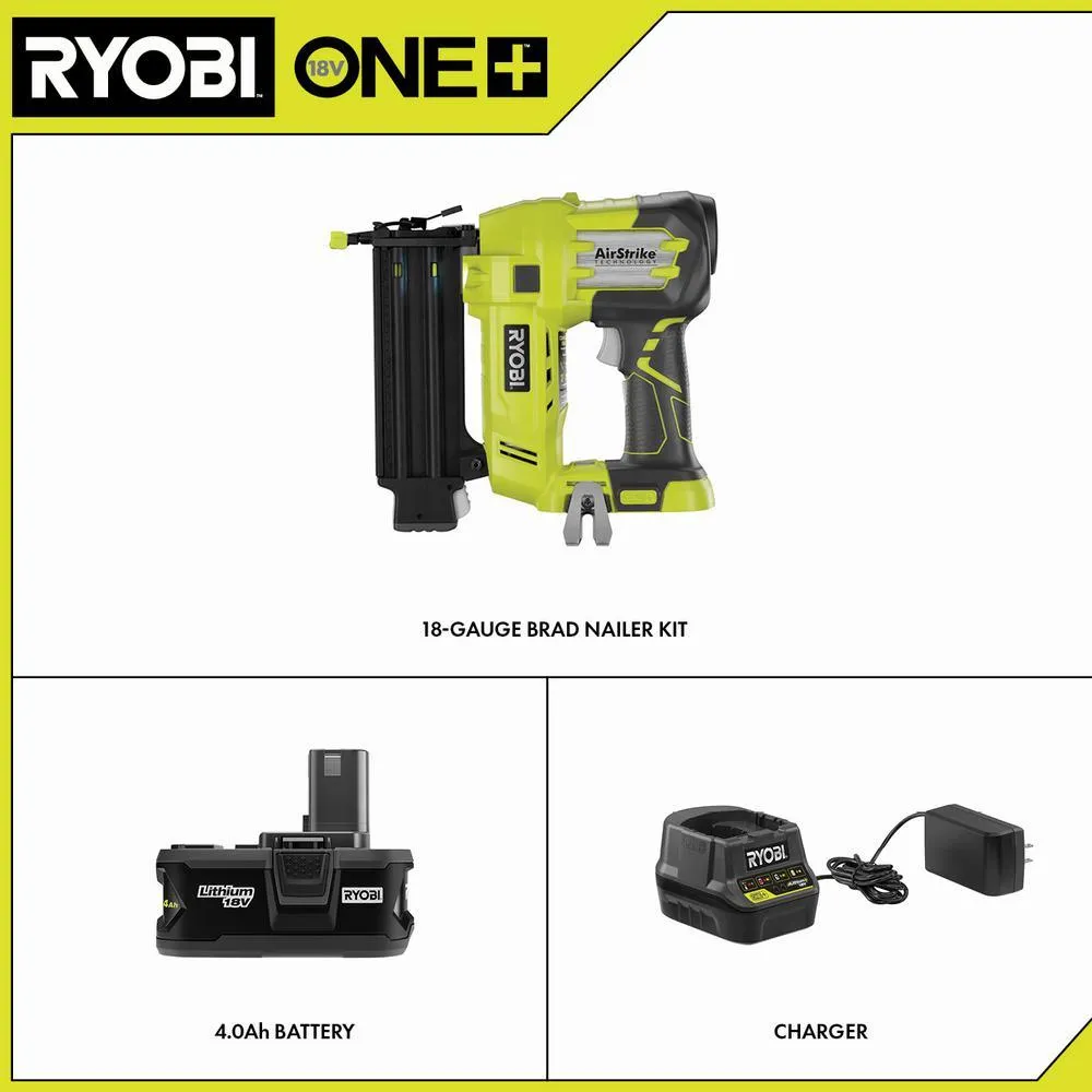 RYOBI 18V ONE+ Cordless AirStrike 18-Gauge Brad Nailer with Sample Nails, (1) 4.0 Ah Battery and Charger, photo 2 of 14