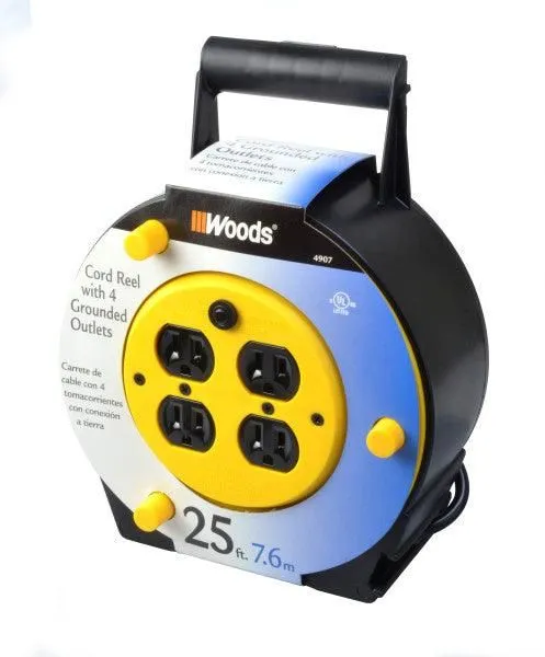 Woods 4907 16/3 25' Black/Yellow SJTW Extension Cord Reel with 4-Outlets, photo 5 of 6