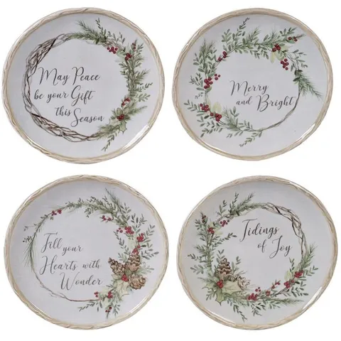 Holly and Ivy 4-Piece Holiday Multicolored Earthenware 6 in. Canape Plate Set