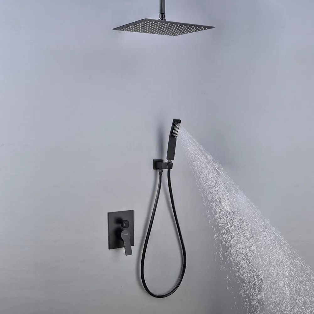 1-Spray Patterns with 2.38 GPM 12 in. Ceiling Mount Dual Shower Heads with Rough-In Valve Body and Trim in Matte Black, photo 4 of 9