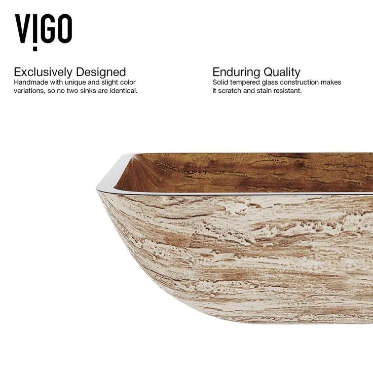 VIGO Amber Sunset Handmade Countertop Glass Rectangle Vessel Bathroom Sink in Light Wood, photo 4 of 8