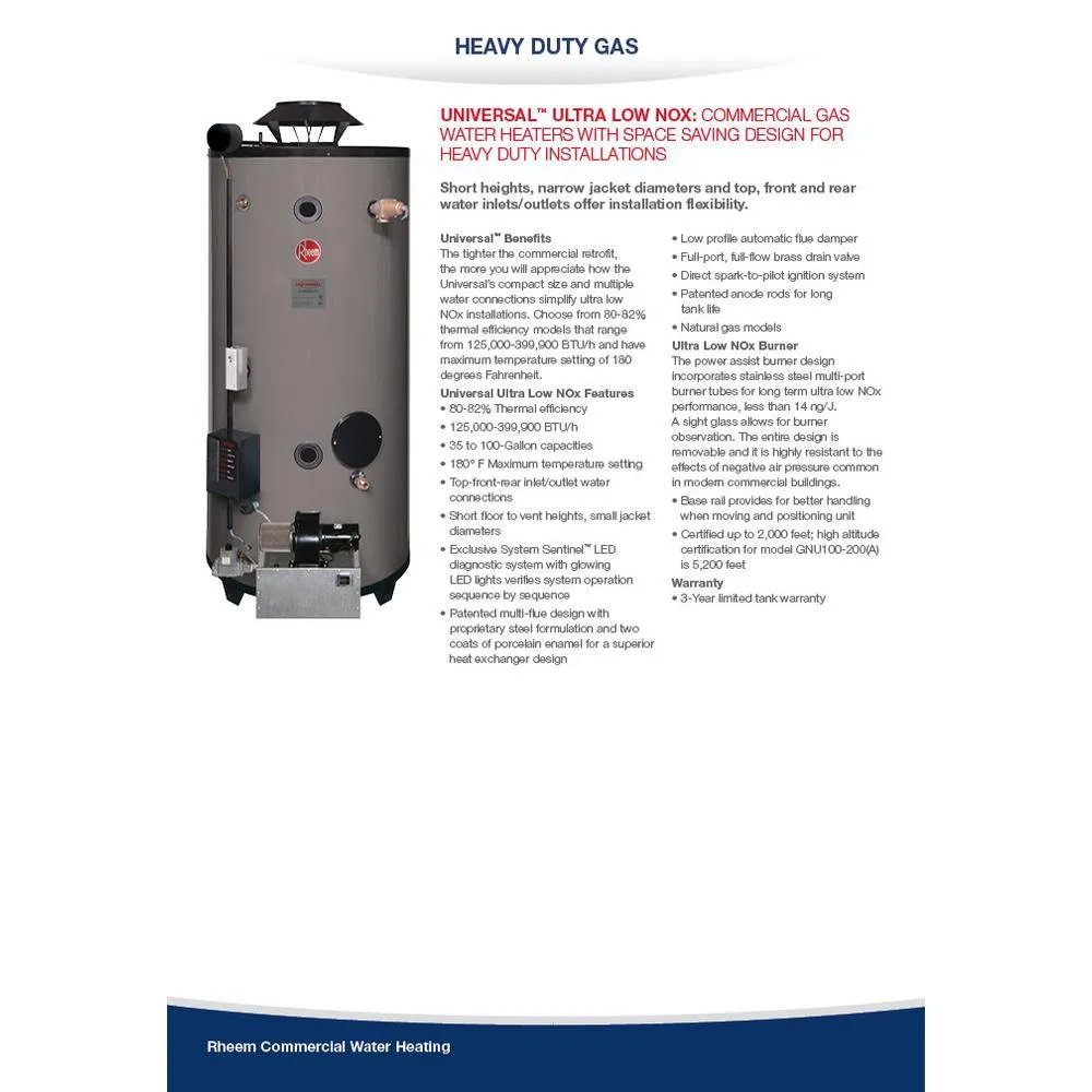 Universal Heavy Duty 100 gal. 270K BTU Ultra-Low NOx (ULN) Commercial Natural Gas Tank Water Heater, photo 2 of 4