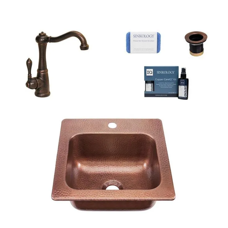 SINKOLOGY Seurat All-in-One Drop-In Copper 15 in. Single Bowl Copper Bar Sink with Pfister Bronze Faucet and Drain, photo 4 of 6