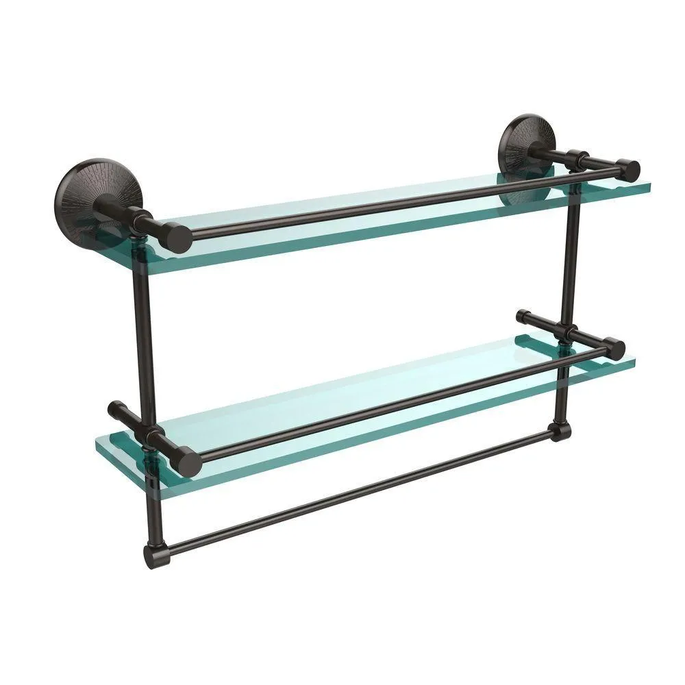 Allied Brass 22 in. L x 12 in. H x 5 in. W 2-Tier Clear Glass Bathroom Shelf with Towel Bar in Satin Nickel, photo 9 of 13