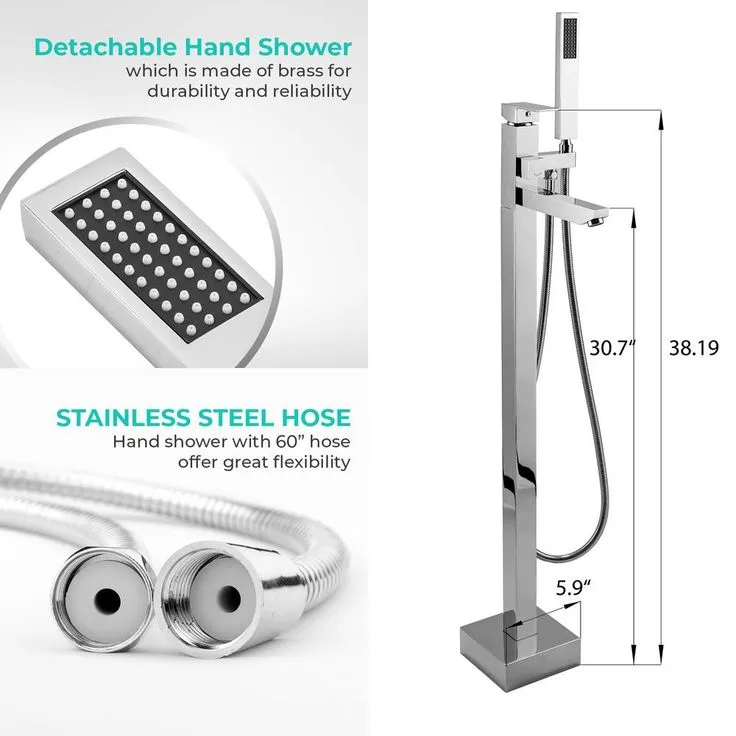 1-Handle Freestanding Floor Mount Roman Tub Faucet Bathtub Filler with Hand Shower in Chrome, photo 5 of 8