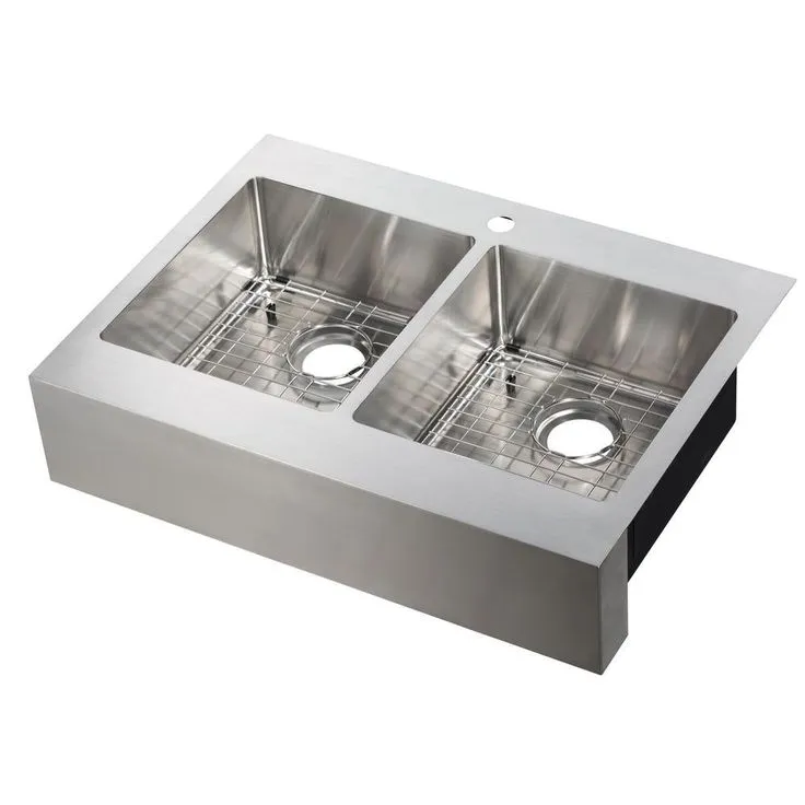 Brimley Retrofit Dual Mount Stainless Steel 33 in. 1-Hole 50/50 Double Bowl Flat Farmhouse Apron Front Kitchen Sink, photo 4 of 7
