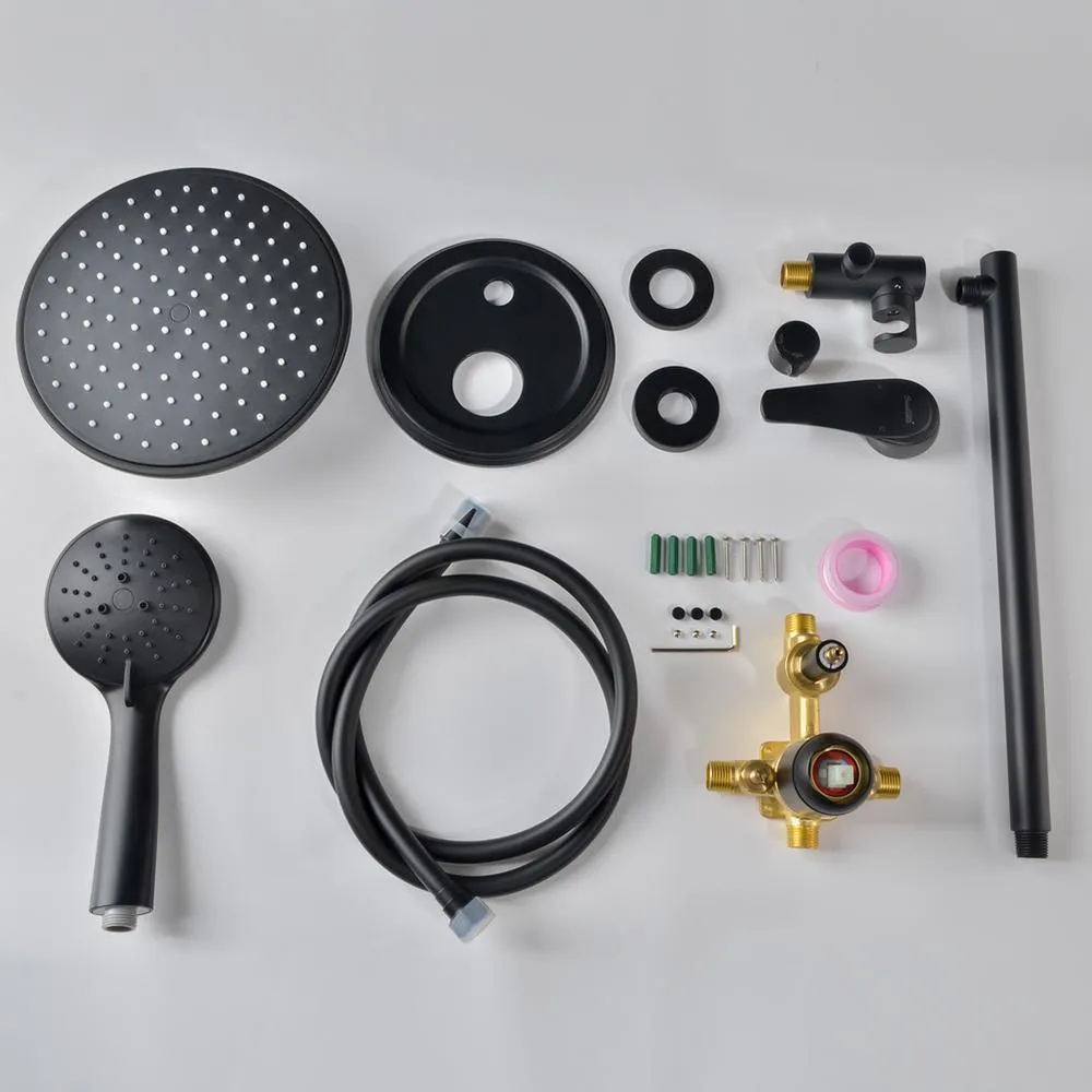 5-Spray Patterns with 2.66 GPM 9 in. Wall Mount Dual Shower Heads with Pressure Balance Round-In Valve in Matte Black, photo 5 of 12