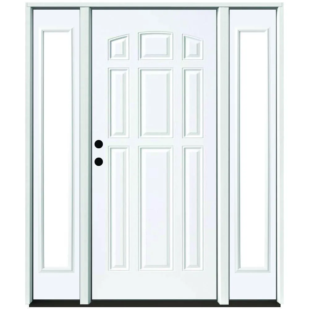 Steves & Sons 64 in. x 80 in. 9-Panel Primed White Left-Hand Steel Prehung Front Door with 12 in. Clear Glass Sidelites 4 in. Wall, photo 5 of 6