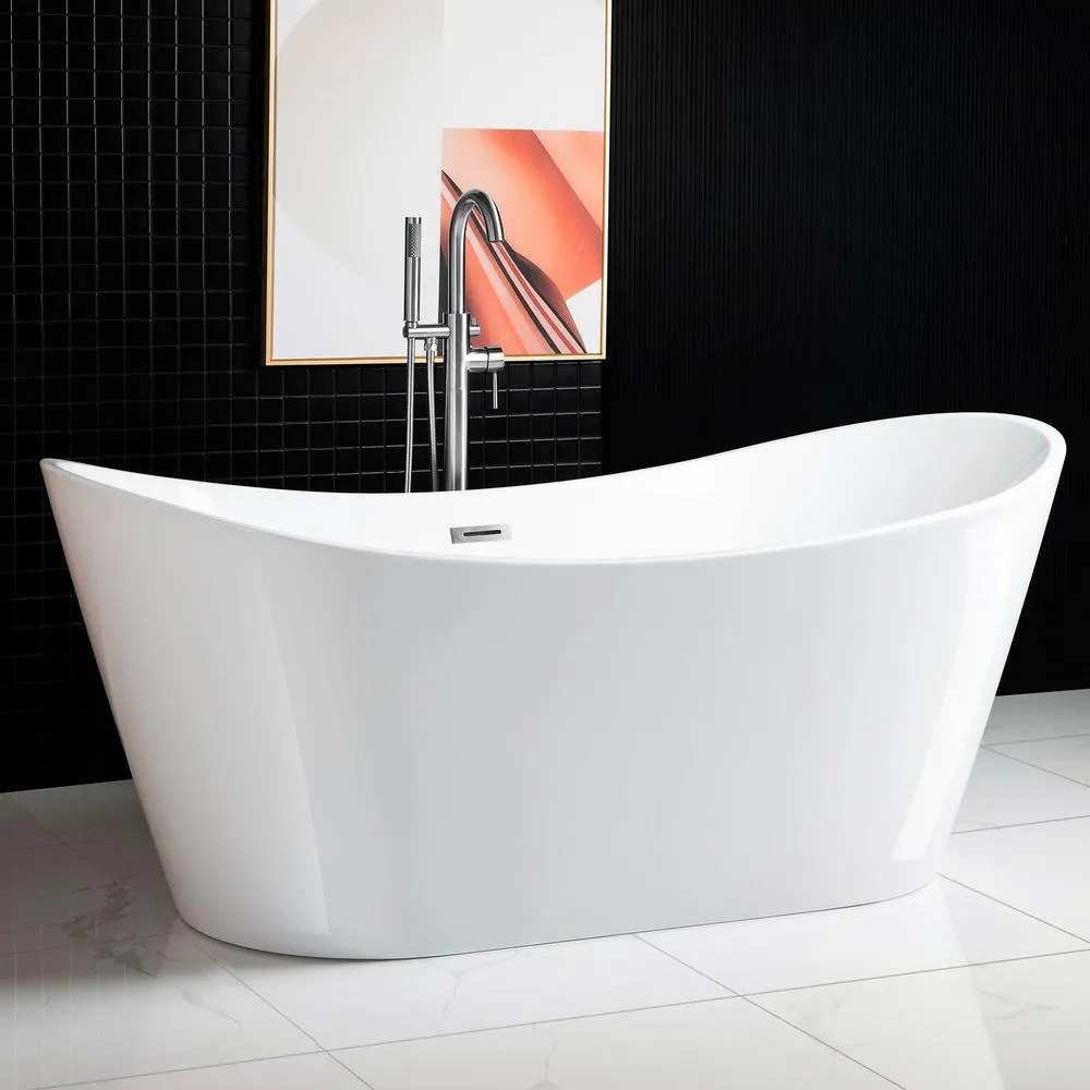 WOODBRIDGE Salou 71 in. Acrylic Freestanding Double Slipper Flat Bottom Bathtub with Chrome Drain and Overflow Included in White, photo 2 of 9
