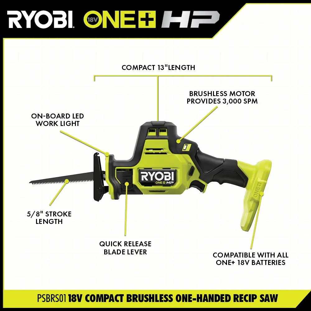 RYOBI ONE+ HP 18V Brushless Cordless Compact 1/4 in. Impact Driver and One-Handed Recip Saw Kit with (2) Batteries, Charger, photo 4 of 14