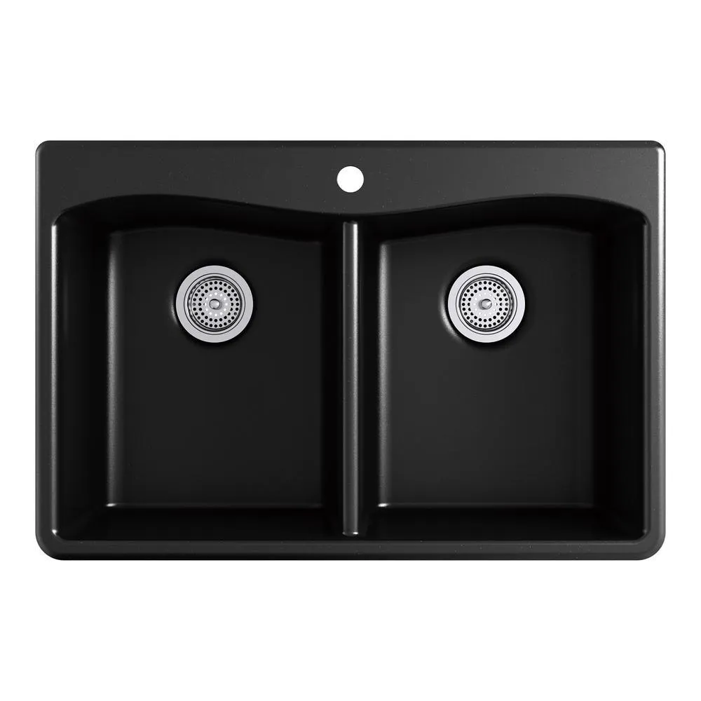 Kennon Dual Mount Neoroc Granite Composite 33 in. 1-Hole Double Bowl Kitchen Sink in Matte Black, photo 6 of 11