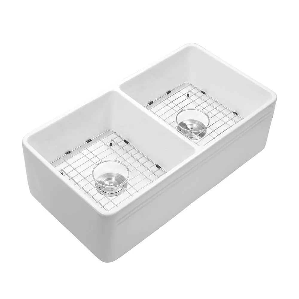 Fireclay 33 in. 50/50 Double Bowl Farmhouse/ Apron-Front Porcelain Ceramic Kitchen Sink in White, photo 3 of 8