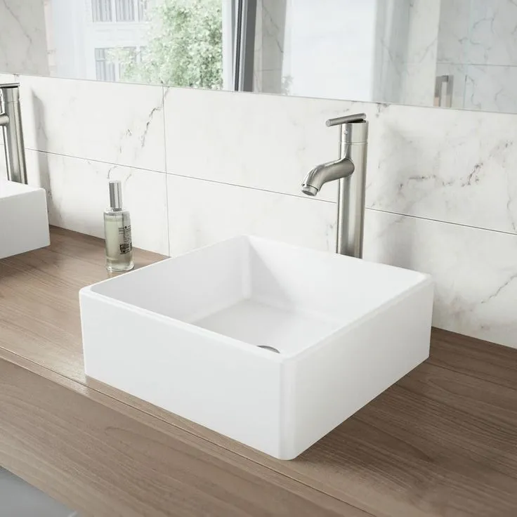 VIGO Dianthus Handmade Matte Stone Square Vessel Bathroom Sink in Matte White, photo 2 of 9