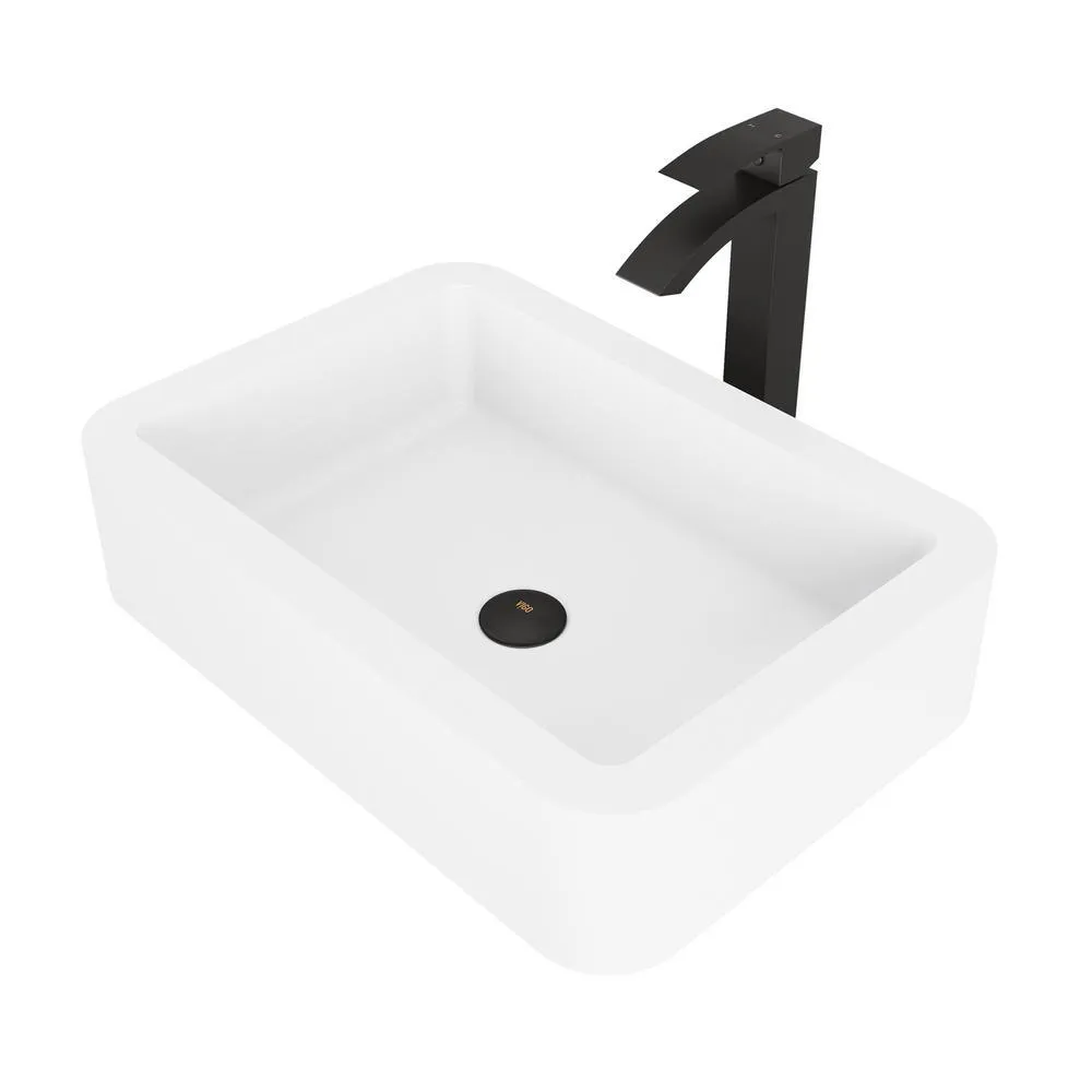 VIGO Petunia Matte Stone Vessel Bathroom Sink in White with Duris Bathroom Vessel Faucet in Matte Black, photo 4 of 15