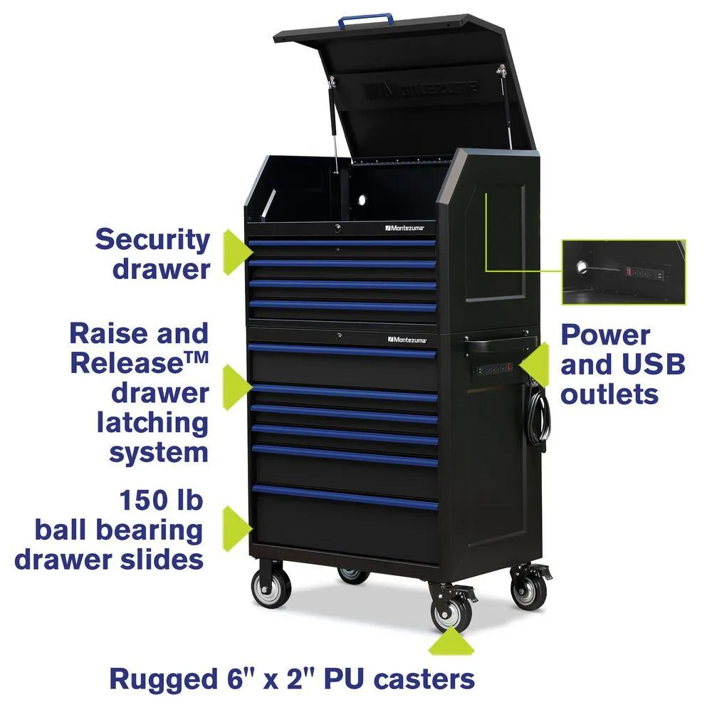 24 in. x 36 in. 10-Drawer Tool Chest and Cabinet Combo with Power and USB Outlets in Black and Blue, photo 2 of 15